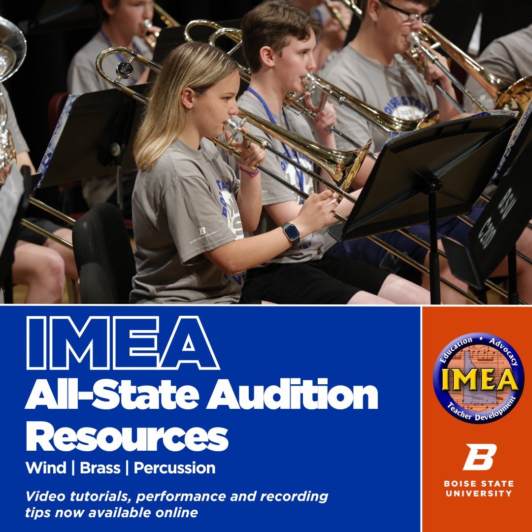 New audition resources for the IMEA All-State Honor Groups are now live! These include video tutorials and recording tips for this year's audition materials.

Click the link below to take advantage of these valuable assets. Happy practicing! #BoiseState

boisestate.edu/music/bands/al…