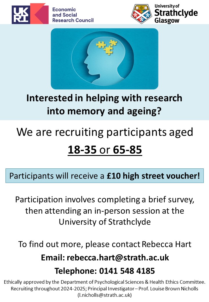 Rebecca Hart (@rebeccahart00) on Twitter photo Recruiting participants aged 18-35 and 65-85 for research into memory and ageing. Please contact me if you are interested in taking part. Please retweet and share with others! 🧠🙏 <a href="/LNichollsStrath/">Louise Brown Nicholls</a> <a href="/UOSPsychology/">University of Strathclyde Psychology</a> <a href="/strath_psh/">Strathclyde PSH</a> <a href="/StrathAgeing/">StrathAgeingNetwork</a> Recruiting participants aged 18-35 and 65-85 for research into memory and ageing. Please contact me if you are interested in taking part. Please retweet and share with others! 🧠🙏 <a href="/LNichollsStrath/">Louise Brown Nicholls</a> <a href="/UOSPsychology/">University of Strathclyde Psychology</a> <a href="/strath_psh/">Strathclyde PSH</a> <a href="/StrathAgeing/">StrathAgeingNetwork</a>