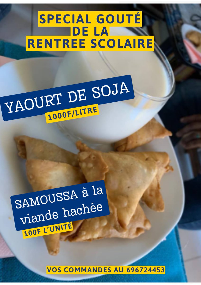 Mme_Bille's tweet photo. Bonne rentrée scolaire.
Le package samoussas yaourt de soja est disponible par commande au 696724453 (commandez en avance au moins 24h )
#rentreescolaire #samoussa #yaourtdesoja https://t.co/AEwpi0Dxjx