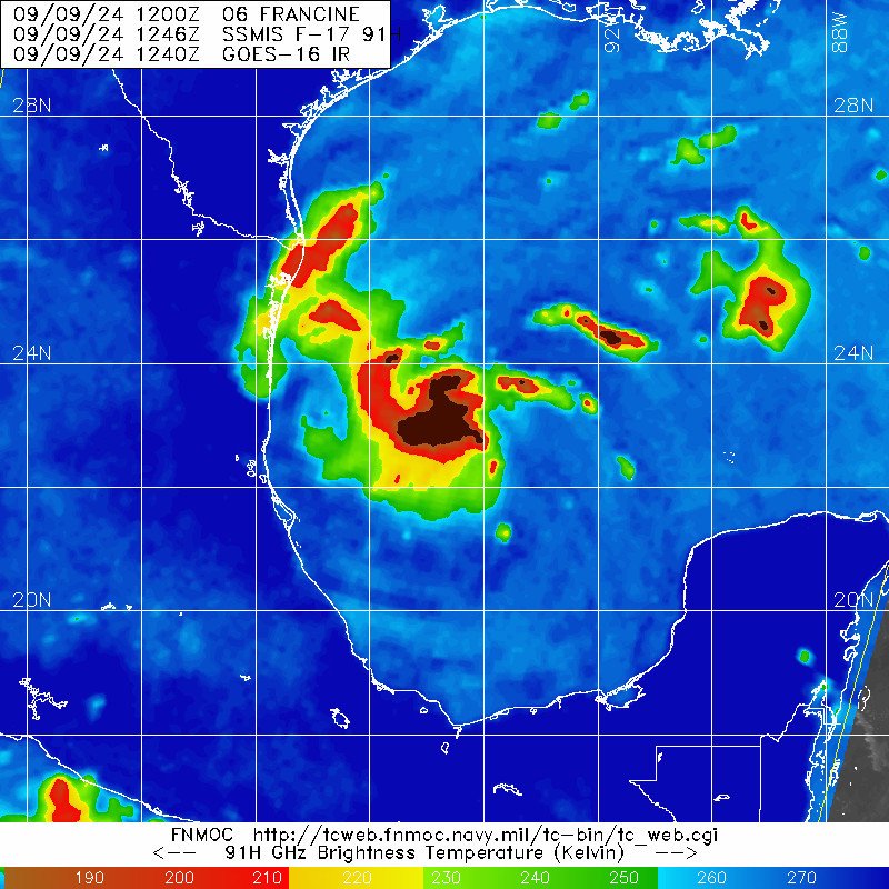 MichaelRLowry's tweet photo. Microwave satellite from about 2 hours ago showing us Francine is quickly coming together in the southwestern Gulf. Deep convection over the center should hasten pressure falls and strengthening in the hours ahead. https://t.co/jsQIGz67mC