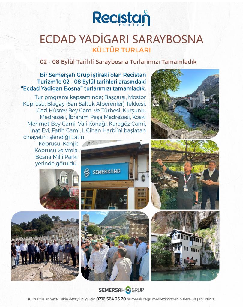 SemersahTurizm's tweet photo. Bir Semerşah Grup iştiraki olan Recistan Turizm’le 02 - 08 Eylül tarihleri arasındaki “Ecdad Yadigarı Bosna” turlarımızı tamamladık.

Tur programı kapsamında; Başçarşı, Mostor Köprüsü, Blagay (Sarı Saltuk Alperenler) Tekkesi, Gazi Hüsrev Bey Cami ve Türbesi, Kurşunlu Medresesi, İbrahim Paşa Medresesi, Koski Mehmet Bey Cami, Vali Konağı, Karagöz Cami, İnat Evi, Fatih Cami, I. Cihan Harbi’ni başlatan cinayetin işlendiği Latin Köprüsü, Konjic Köprüsü ve Vrela Bosna Milli Parkı yerinde görüldü. 

Kültür turlarımıza ilişkin detaylı bilgi için 0216 564 25 20 numaralı çağrı merkezimizden bizlere ulaşabilirsiniz.

#Saraybosna #Recistan #Semerşah Grup