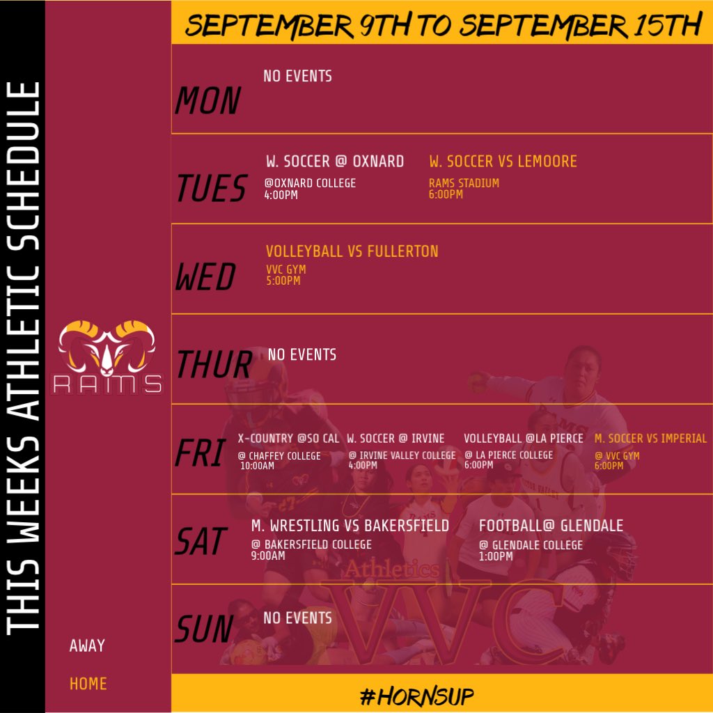 VVC_RAMS's tweet photo. Here are the events taking place this week for VVC Athletics.
Stay connected with us each week as we inform you on our games and events.
.
.
.
#VVC I #Athletics I #RAMS I #vvcathletics | #GoRams I #GoVVC I #hornsup🤘 https://t.co/xmW4X8vW8o