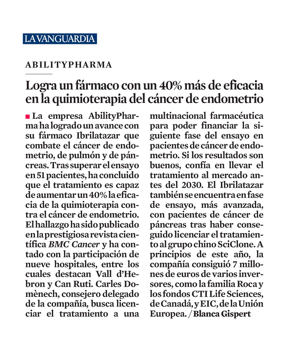 AbilityPharma (@abilitypharma) on Twitter photo AbilityPharma logra un 40% más de eficacia en la quimioterapia contra el #CáncerDeEndometrio ♀️. En <a href="/LaVanguardia/">La Vanguardia</a> por <a href="/blancagispert/">Blanca Gispert</a>: bit.ly/3Tm1rum
La biofarmacéutica quiere licenciar el fármaco para la siguiente fase de ensayos.
#IBRILATAZAR #oncología #innovación AbilityPharma logra un 40% más de eficacia en la quimioterapia contra el #CáncerDeEndometrio ♀️. En <a href="/LaVanguardia/">La Vanguardia</a> por <a href="/blancagispert/">Blanca Gispert</a>: bit.ly/3Tm1rum
La biofarmacéutica quiere licenciar el fármaco para la siguiente fase de ensayos.
#IBRILATAZAR #oncología #innovación