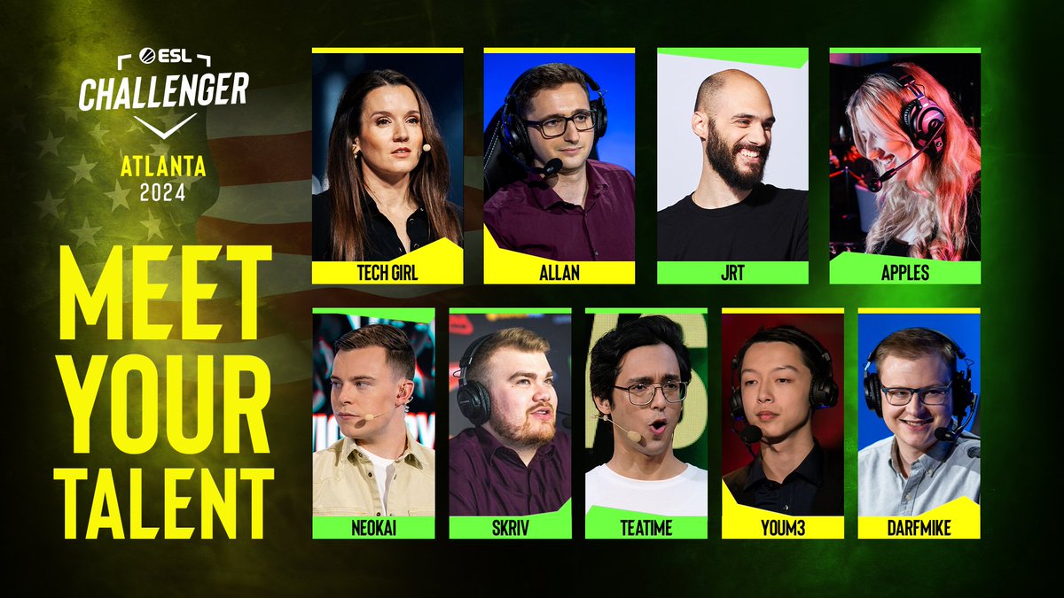 ESL Counter-Strike (@eslcs) on Twitter photo Please welcome your talent for #ESLChallenger Atlanta, starting October 4th live from <a href="/DreamHack/">DreamHack</a> Atlanta 🇺🇸
Desk Host
<a href="/TechGirlZA/">Sam “Tech Girl” Wright</a>
Analysts
<a href="/allan_hender/">Allan</a>
<a href="/JRTTVee/">JRT</a>
<a href="/ApplesCS2/">apples</a>
Casters
<a href="/Ne0Kai/">Ne0kai</a>
<a href="/skrivcasts/">Harvey Rodgers</a>
<a href="/ggTeaTime/">Mamoon 'TeaTime' Sabri - #FreelanceBtw</a>
<a href="/YouM3tv/">Michael 'YouM3'</a>
Stage Host
<a href="/DarfMike/">DarfMike</a> Please welcome your talent for #ESLChallenger Atlanta, starting October 4th live from <a href="/DreamHack/">DreamHack</a> Atlanta 🇺🇸
Desk Host
<a href="/TechGirlZA/">Sam “Tech Girl” Wright</a>
Analysts
<a href="/allan_hender/">Allan</a>
<a href="/JRTTVee/">JRT</a>
<a href="/ApplesCS2/">apples</a>
Casters
<a href="/Ne0Kai/">Ne0kai</a>
<a href="/skrivcasts/">Harvey Rodgers</a>
<a href="/ggTeaTime/">Mamoon 'TeaTime' Sabri - #FreelanceBtw</a>
<a href="/YouM3tv/">Michael 'YouM3'</a>
Stage Host
<a href="/DarfMike/">DarfMike</a>
