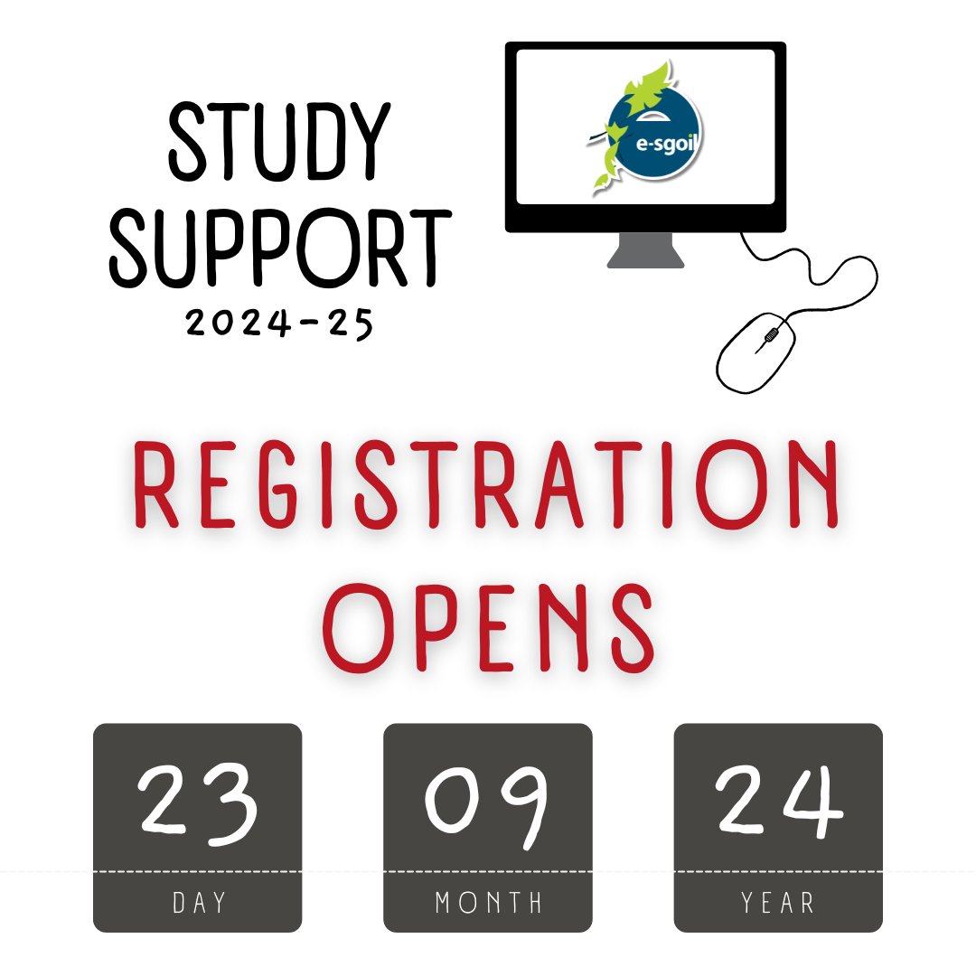 eSgoil's tweet image. SAVE THE DATE - EXCITING NEWS!
Registration for our Study support programme will open on 23rd September
Keep an eye on our social media &amp;amp; website for details of how to register.
e-sgoil.com/senior-phase/s…
#NeLO