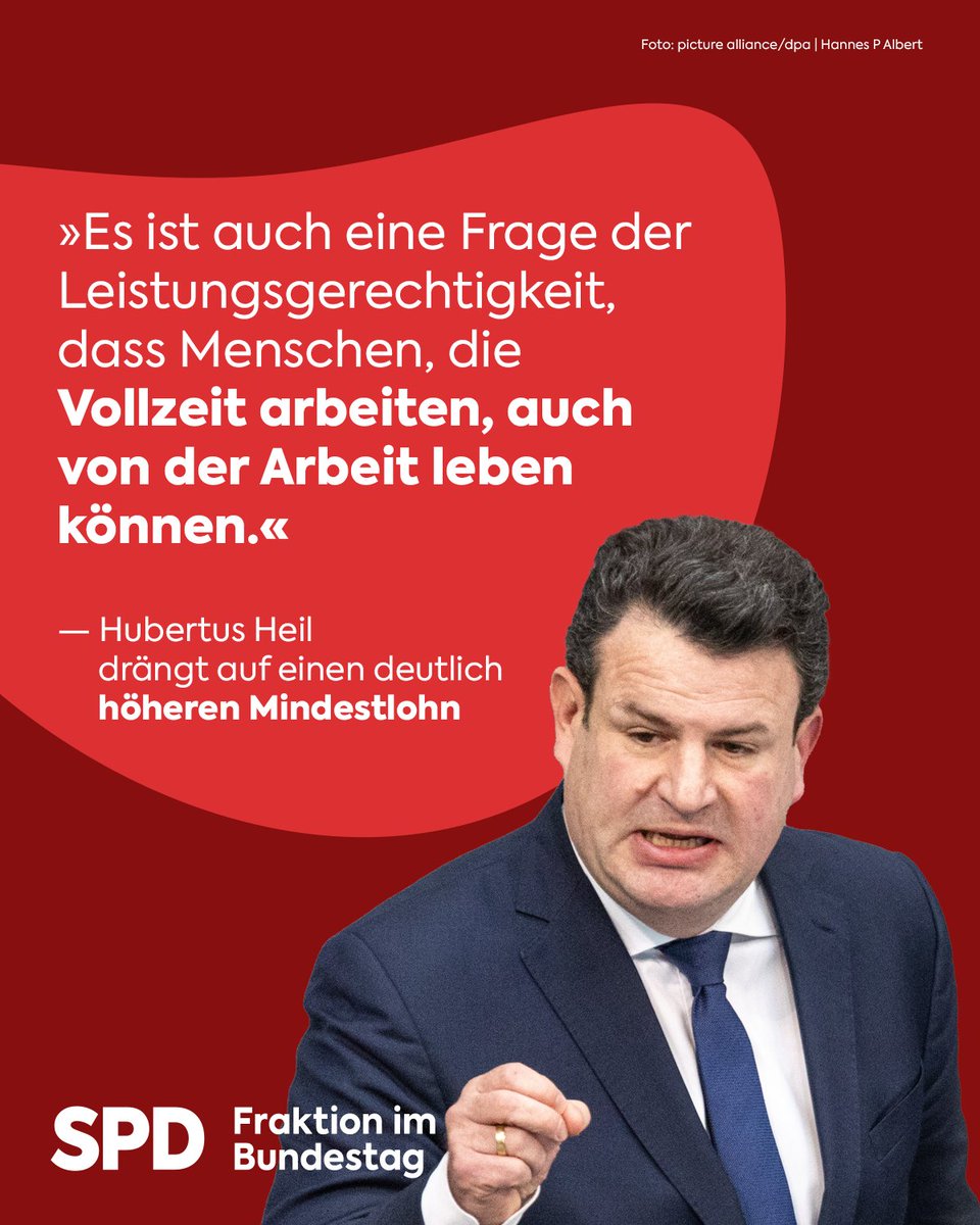 Der Mindestlohn muss deutlich steigen!

Arbeitsminister <a href="/hubertus_heil/">Hubertus Heil</a> macht Druck für einen deutlich höheren Mindestlohn. Dieser solle bei 60 Prozent des mittleren Lohns liegen.
