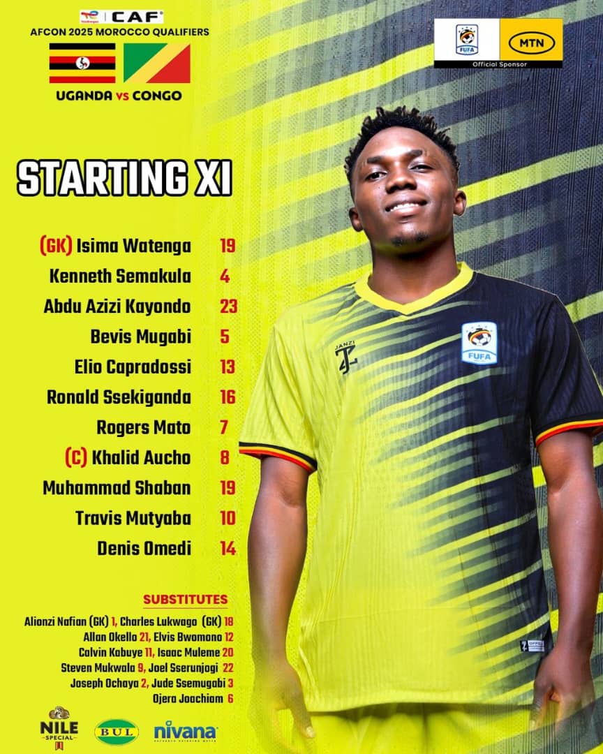 Voiceoflangofm's tweet photo. This is how the @UgandaCranes line up against Congo in the AFCON 2025 Qualifiers at Mandela National Stadiuk, Namboole. Goal Scorers in the match against South Africa Denis Omedi and Rogers Mato are all starting tonight.
#VOLSports #VOLUpdates https://t.co/hHir4L8LNj