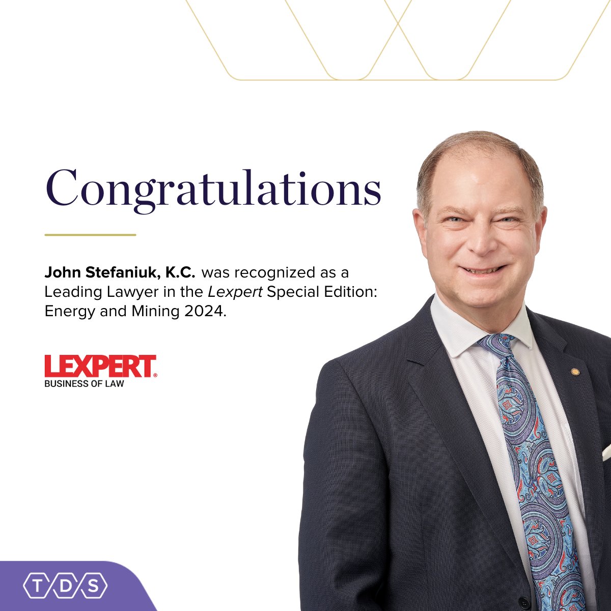 Congratulations to TDS lawyer John Stefaniuk, K.C. for his recent recognition as Lexpert-ranked Energy and Mining lawyers.

Read the full announcement on our website: tdslaw.com/news/john-d-st…