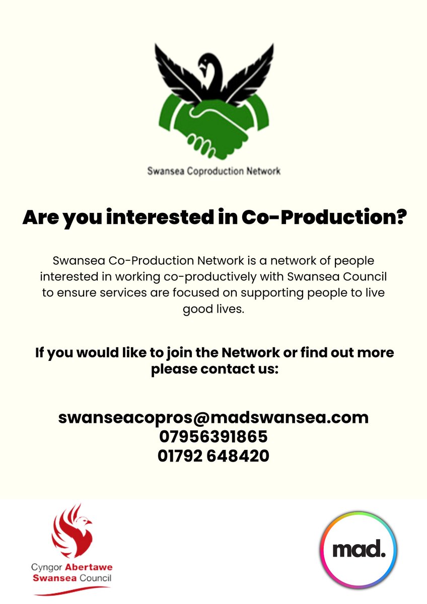 Swansea MAD (@swanseamad) on Twitter photo Are you interested in Co-Production?
Swansea Co-Production Network is a network of people who focus on supporting people to live good lives.
If you’d like to join the Network or find out more, please contact:
swanseacopros@madswansea.com
01792648420
07956391865
<a href="/SwanseaCouncil/">Swansea Council</a> Are you interested in Co-Production?
Swansea Co-Production Network is a network of people who focus on supporting people to live good lives.
If you’d like to join the Network or find out more, please contact:
swanseacopros@madswansea.com
01792648420
07956391865
<a href="/SwanseaCouncil/">Swansea Council</a>