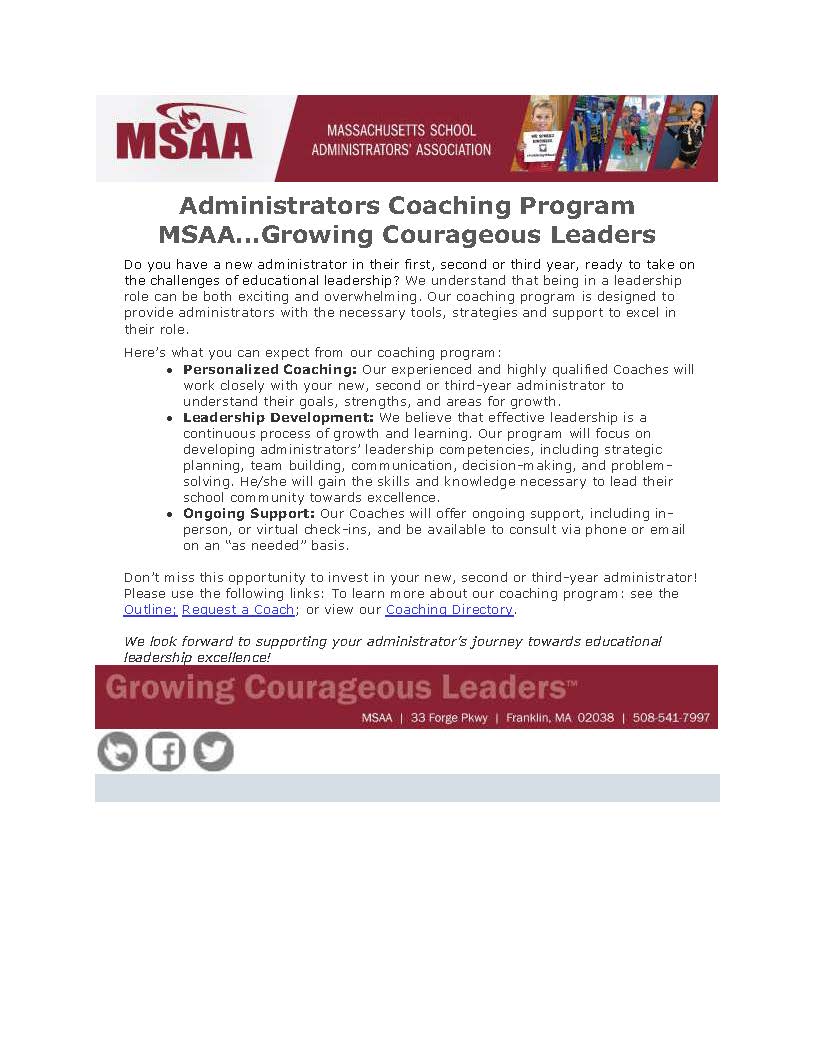 MSAA (@msaa_33) on Twitter photo Administrators Coaching Program <a href="/MSAA_33/">MSAA</a>…#GrowingCourageousLeaders - Don’t miss this opportunity to invest in your new, 2nd or 3rd-year administrator. Request a Coach Now! tinyurl.com/4js9896v
<a href="/MASchoolsK12/">Massachusetts K-12</a> <a href="/MGeoghegan22/">Martin Geoghegan (he/him/his)</a> <a href="/NewtonSchoolsKS/">Newton Schools</a> @Cambridge_cpsd <a href="/BostonSchools/">BostonPublicSchools</a> Administrators Coaching Program <a href="/MSAA_33/">MSAA</a>…#GrowingCourageousLeaders - Don’t miss this opportunity to invest in your new, 2nd or 3rd-year administrator. Request a Coach Now! tinyurl.com/4js9896v
<a href="/MASchoolsK12/">Massachusetts K-12</a> <a href="/MGeoghegan22/">Martin Geoghegan (he/him/his)</a> <a href="/NewtonSchoolsKS/">Newton Schools</a> @Cambridge_cpsd <a href="/BostonSchools/">BostonPublicSchools</a>