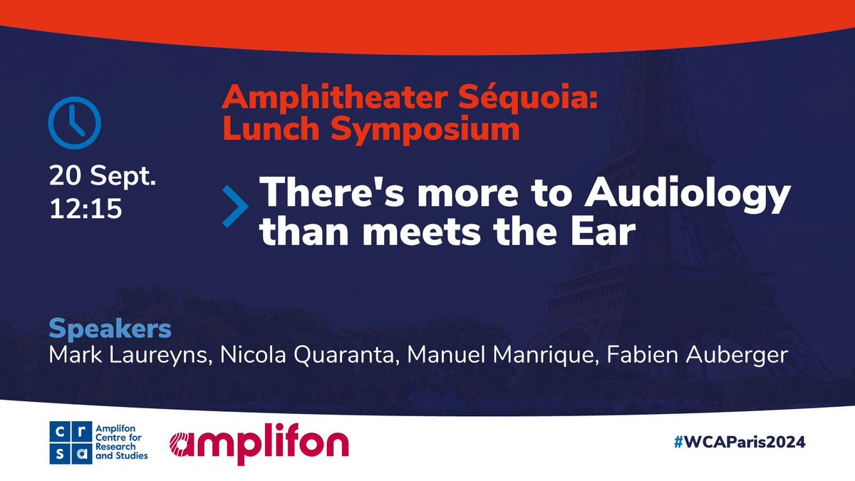 🤚During the #WCAParis2024, schedule in your agenda the CRS Amplifon Lunch Symposium: "There's more to #Audiology than meets the Ear"
Don't miss the opportunity to attend! swll.to/WCA-programme

#ENT #Audioprothesist #ORL #HearingHealth #SoundHealth #Hearingtechnology