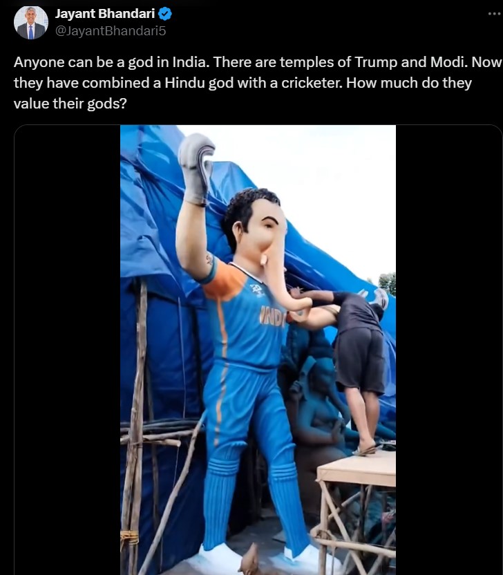 Dilpreetlive's tweet photo. There are temples of Trump and Modi. Now they have combined a Hindu god with a cricketer https://t.co/pKlh7uZ0Xl