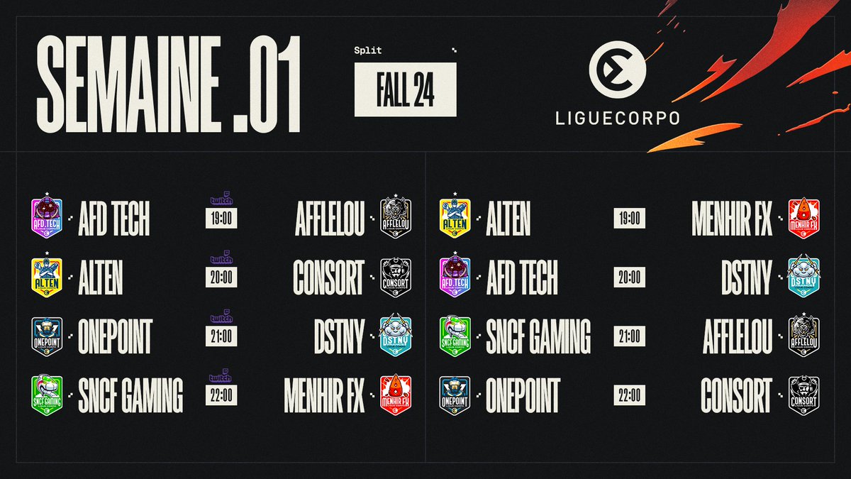 Menhir_FX's tweet photo. 🎮 The Menhir Fx team is back in @LigueCorpo

➡️ @Afflelou, @SNCFNumerique, @onepoint, @Dstny_France, @consortesport, @Alten_france, @AFD_ESPORTS_ 
We wish all the teams the best of luck!

We'll be in live at 7PM on our Twitch:
🔴 https://t.co/dNqHzykhNe

@TeamVitality
#esport https://t.co/ZuijhcyDLH