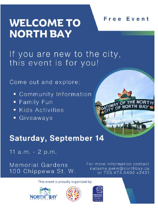 NipissingOHT's tweet photo. Are you new to the area and looking for opportunities to meet people and get involved? Join us on September 14th at Memorial Gardens for an afternoon of fun at the Welcome to North Bay Event. #WelcometoNorthBay #WelcomeWeek2024 #Newcomers #ImmigrationMatters #MoveUp #NorthBay https://t.co/l1HvJ8oawc