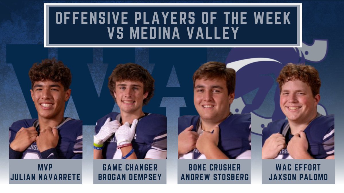 ChampionHSFB's tweet photo. Congrats to our players of the week in our win against Medina Valley!  Tremendous work by all!  Go Chargers!! https://t.co/27bPLGWQBZ