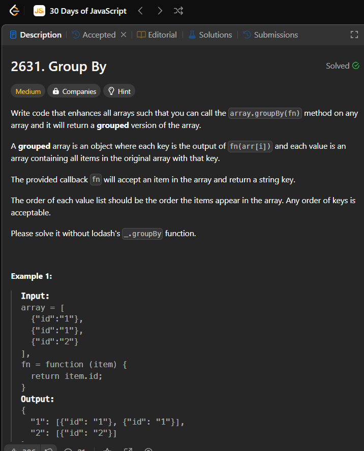 Undrrtd__'s tweet photo. Hello Developers,
🎉 Days 21 of the #30Days of JavaScript Challenge

Today's Challenge: "Group By"
🧩 Difficulty Level: medium

Let's dive in and conquer this challenge! 💪✨ https://t.co/91h9bzuxOg