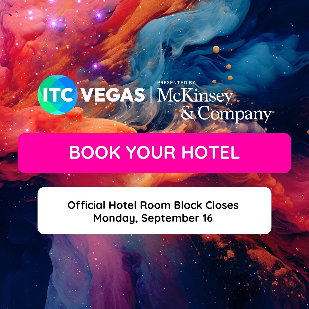 The deadline to book your hotel accommodation through our official room block is September 16! 

Book now to receive the best deals and save on your stay: ow.ly/9JvN50TfE8J

#ITCVegas #insurtech #insurance #insuranceinnovation #becauseofITC