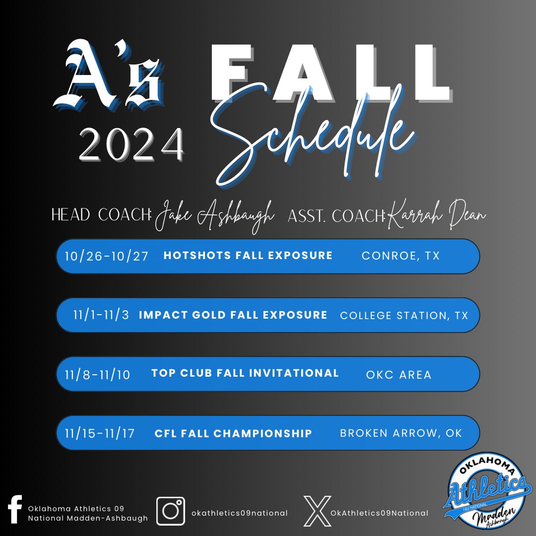 national_ok's tweet image. Our 2024 Fall Schedule is OUT!🔥💙

We can’t wait to hit the dirt this fall season!💪

#AsAllDay #Fallschedule #Athleticsnation