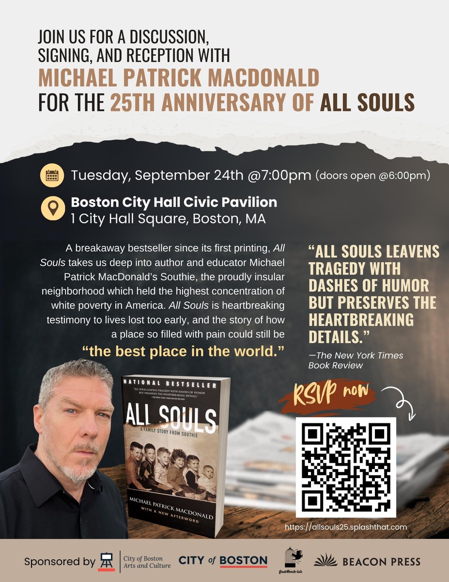 9/24 @ 7PM: We're excited to welcome local author Michael Patrick MacDonald to City Hall Plaza's Civic Pavilion for a free discussion, signing, and reception celebrating the 25th anniversary of his book, "All Souls."

RSVP at allsouls25.splashthat.com