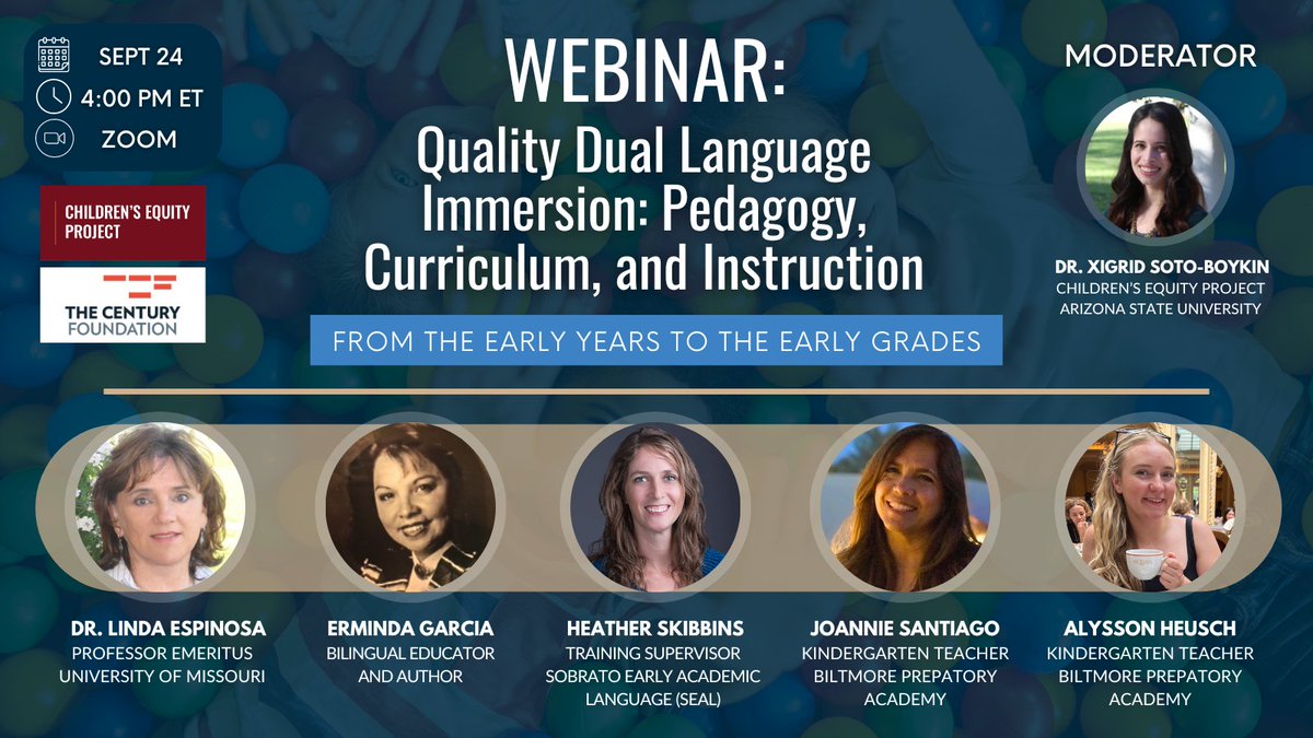 Join us 9/24 at 4PM ET for a discussion on pedagogy, curriculum, and instruction! Our panelists will discuss the ingredients of effective pedagogy, curricula, and instruction in dual language programs &amp; so much more!

<a href="/xigridsoto/">Xigrid Soto-Boykin</a>
<a href="/tcfdotorg/">The Century Foundation</a>

Register here: asu.zoom.us/webinar/regist…