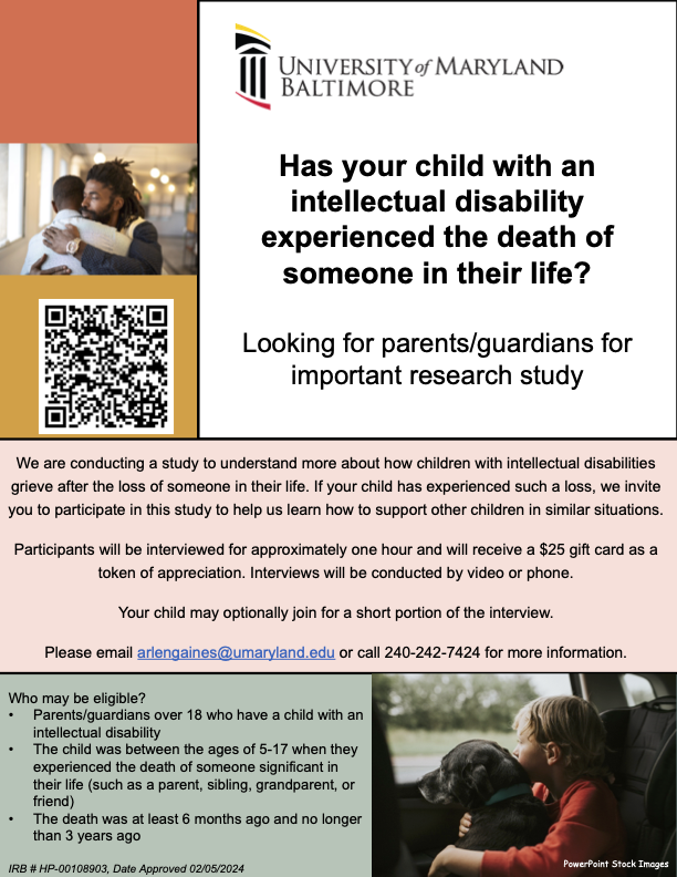 The U of Maryland is conducting a study to better understand how children w/ intellectual disabilities grieve after loss of a loved one. If you care for a child living w/ FXS who has experienced the death of someone in their life, click here to learn more: tinyurl.com/bdh4yutf