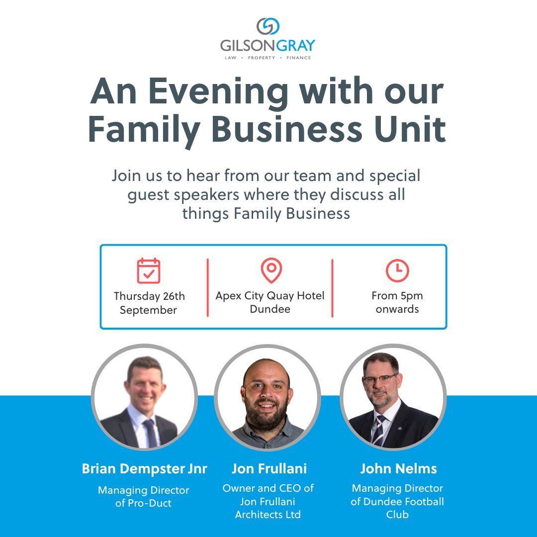 📣 We're bringing our next Family Business Unit event to Dundee! Join us at the Apex City Quay Hotel &amp; Spa for an evening with our expert panel. 

Register now to come along and network with fellow family business owners over drinks and canapés! gilsongray.co.uk/family-busines…