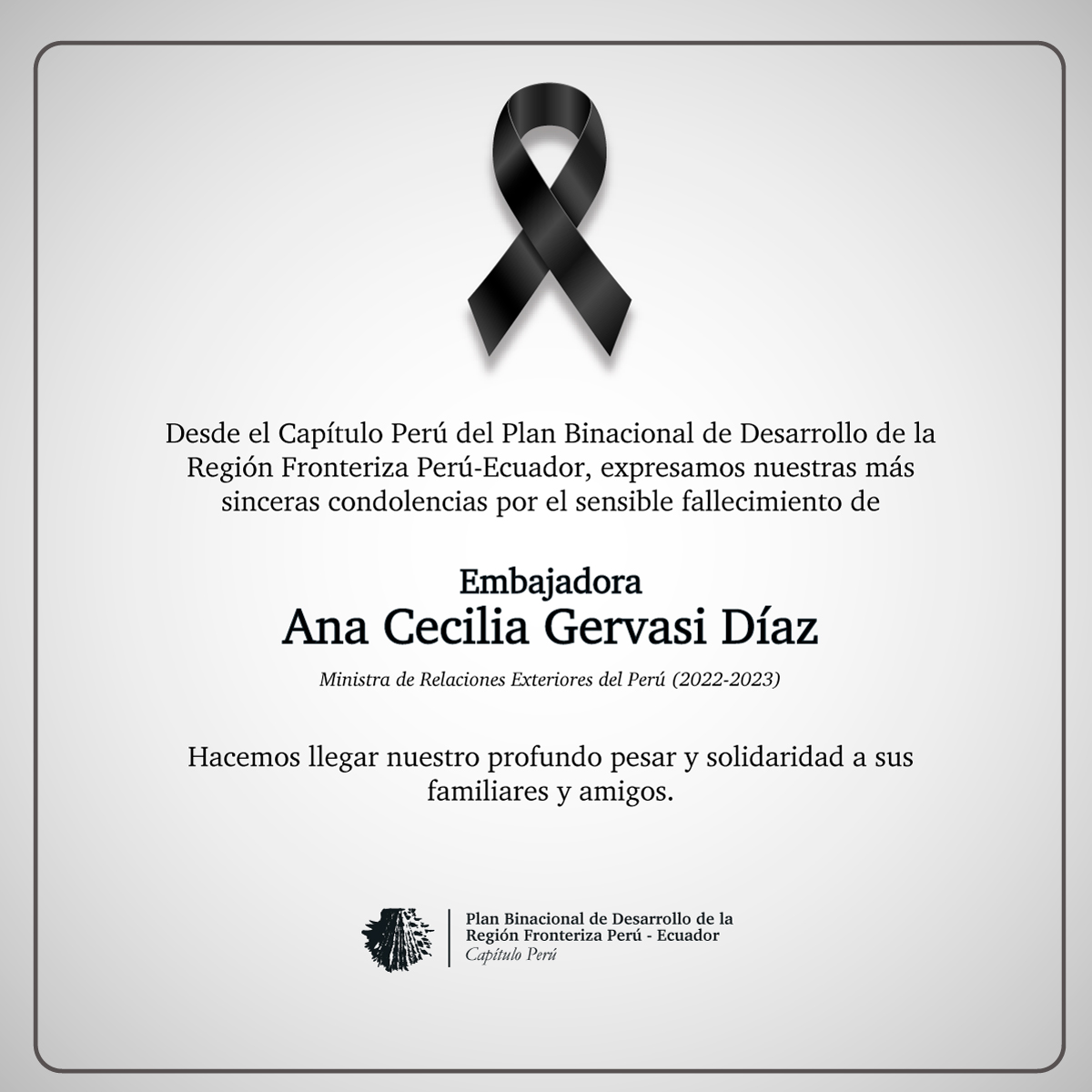 El Capítulo Perú del Plan Binacional Perú-Ecuador lamenta profundamente el fallecimiento de la Embajadora Ana Cecilia Gervasi Díaz, quien fue canciller de la República.