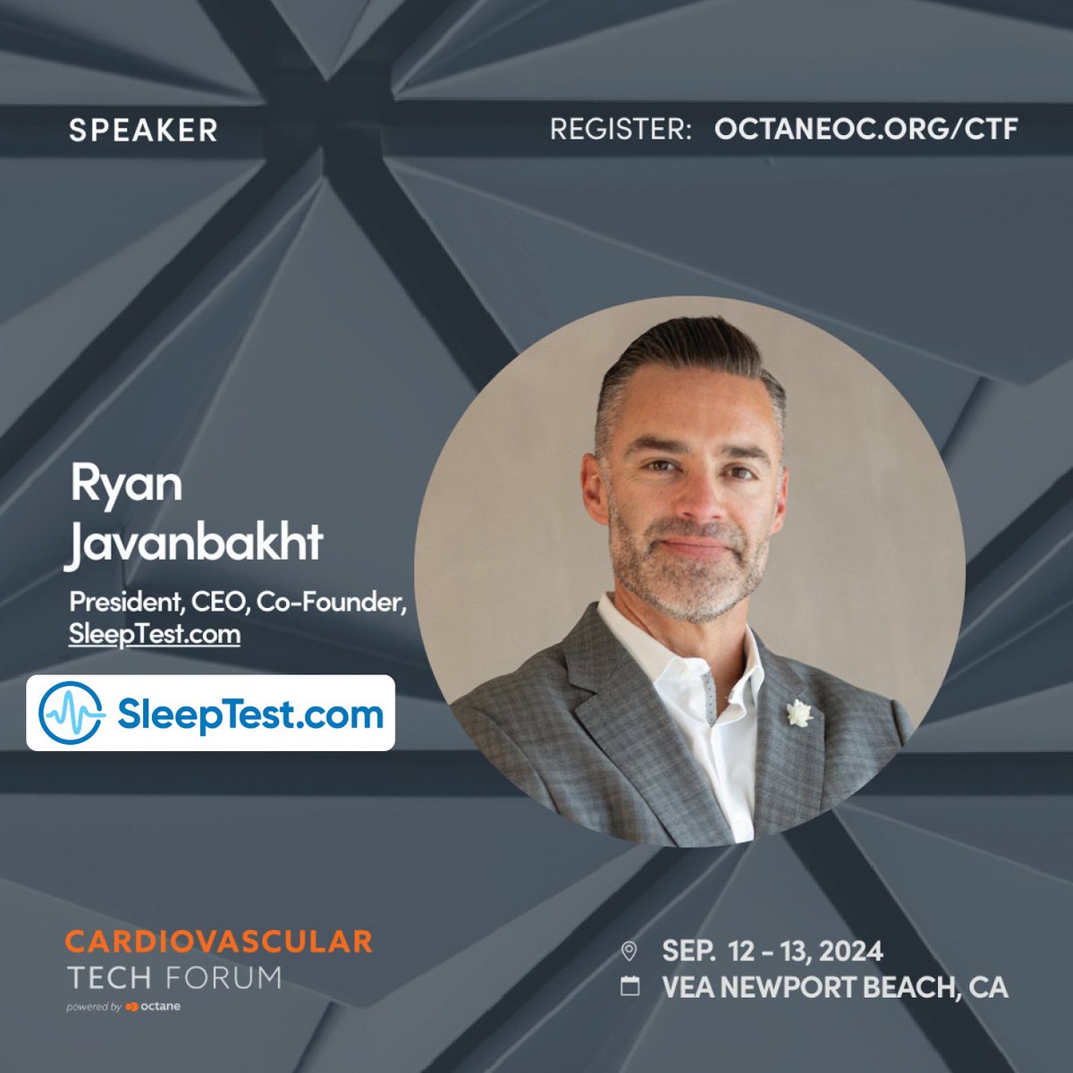 1800SLEEPTEST's tweet image. Our CEO, Ryan C. Javanbakht, will be at Octane&apos;s Cardiovascular Tech Forum on Sept 12-13 at VEA Newport Beach! He’s excited to join the panel on “Exploring the Consumerization of MedTech in Cardiovascular Care.” Register now: octaneoc.org/ctf/ #CTF2024 #CardiovascularTech