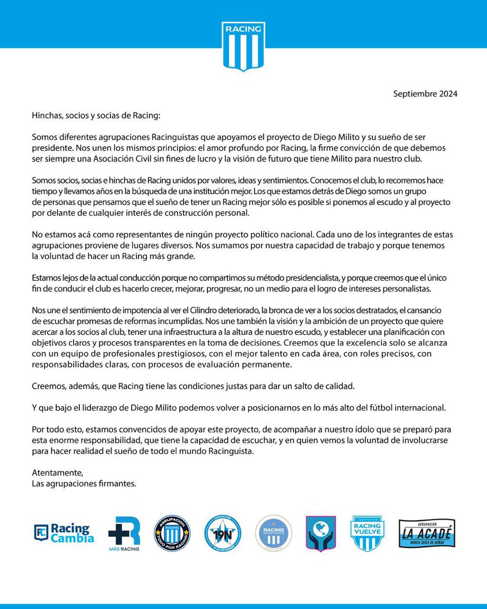 "Desde nuestra agrupación es un ORGULLO ser parte de este proyecto por el cual venimos trabajando incansablemente hace más de 2 años y estamos convencidos en apoyar a @diegomilito destacando su trabajo en equipo, visión e integridad"
"VAMOS RACING !!!