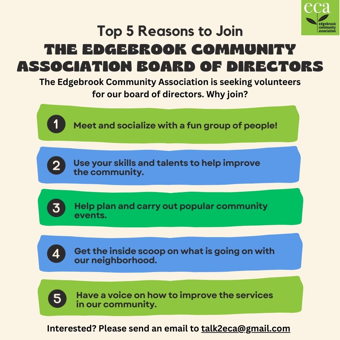 EdgebrookAssoc's tweet image. Thinking about making an impact in the community? Here’s why volunteering for the ECA Board could be your next big move. Email talk2eca@gmail.com to join us and be part of something bigger!  ✨  #ECA #ecaleadership #ECABoardMember #CommunityImpact