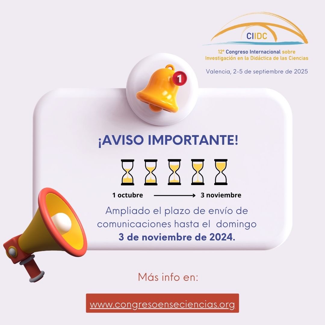 CongresoEnsCC's tweet photo. 🔊Os informamos que hemos ampliado el plazo de envío de comunicaciones hasta el 3 de noviembre de 2024 🗓️

Esperamos vuestras aportaciones para el #12congresoenseciencias ✍🏼

🔗 https://t.co/AsBW67eHtD https://t.co/pTK4X98YUk