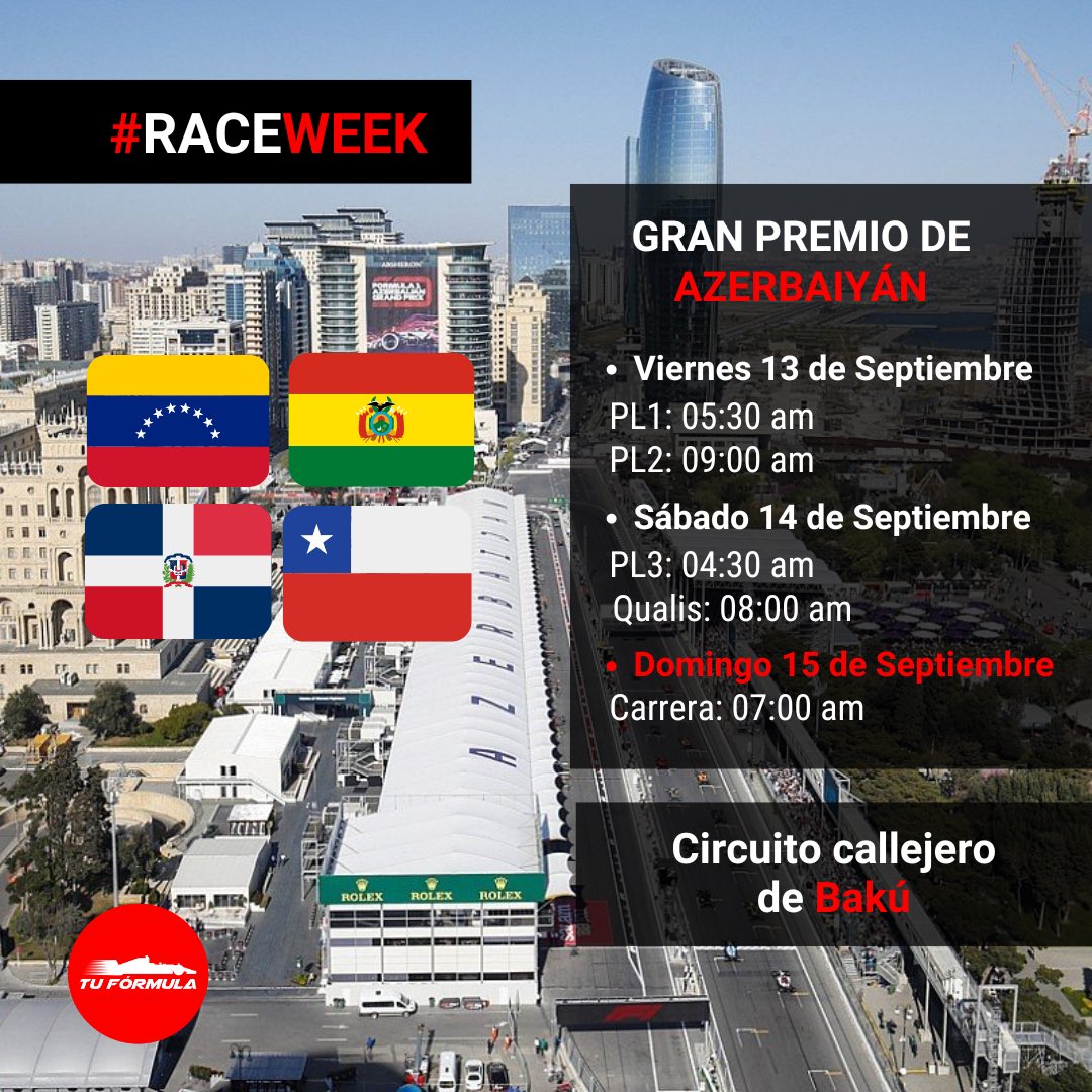 tuformula_1's tweet photo. ES SEMANA DE CARRERA 🚨
Llega el Gran Premio de Azerbaiyán 🇦🇿
Y como siempre aquí te dejamos los horarios para el fin de semana en Bakú 🔥
•
•
•
•
#Formula1 #F1 #TuFormula #AzerbaijanGP #RaceWeek https://t.co/ZdXxGYwLyg