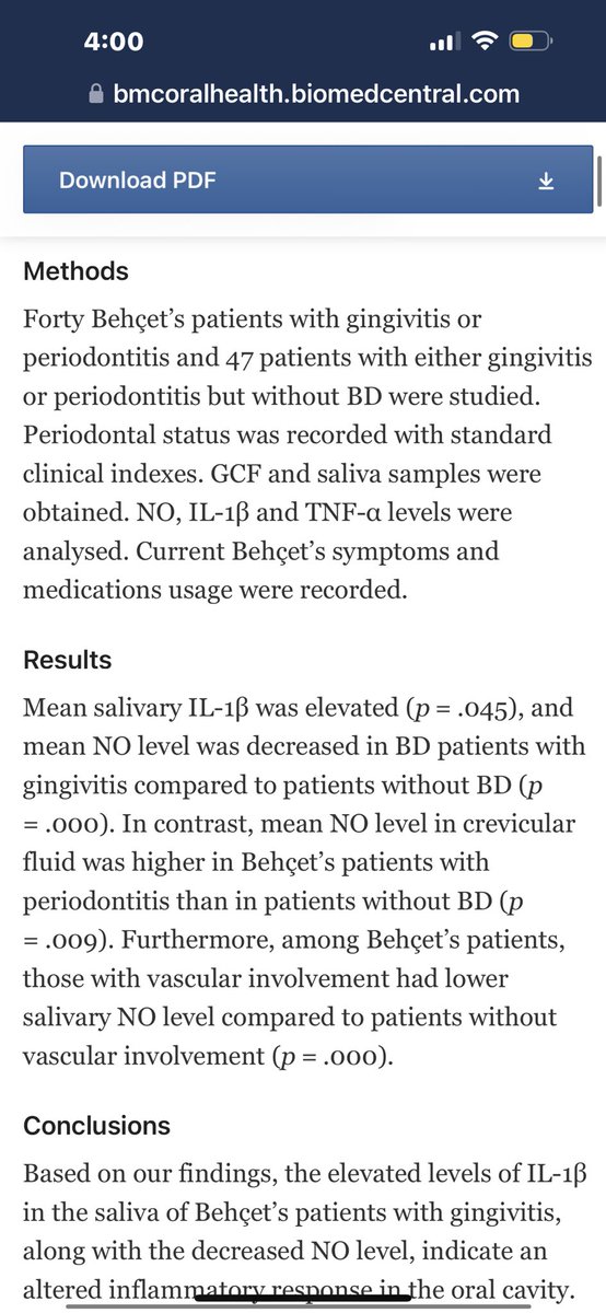 A new study reveals a connection between Behçet’s Disease and periodontal health, with elevated IL-1β and reduced NO levels in saliva. This indicates an altered immune response in Behçet’s patients, potentially impacting the progression of periodontal disease.

#OralHealth