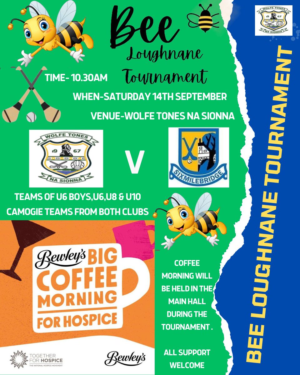 Wolfe Tones na Sionna GAA (@wtnsgaa) on Twitter photo Bee Loughnane Tournament
All support welcome on Saturday for our Coffee morning & a great day of games ahead in memory of Bee.
We would like to welcome all from <a href="/SMBGAA/">Sixmilebridge GAA</a> to Wolfe Tones.
All support welcome. Bee Loughnane Tournament
All support welcome on Saturday for our Coffee morning & a great day of games ahead in memory of Bee.
We would like to welcome all from <a href="/SMBGAA/">Sixmilebridge GAA</a> to Wolfe Tones.
All support welcome.