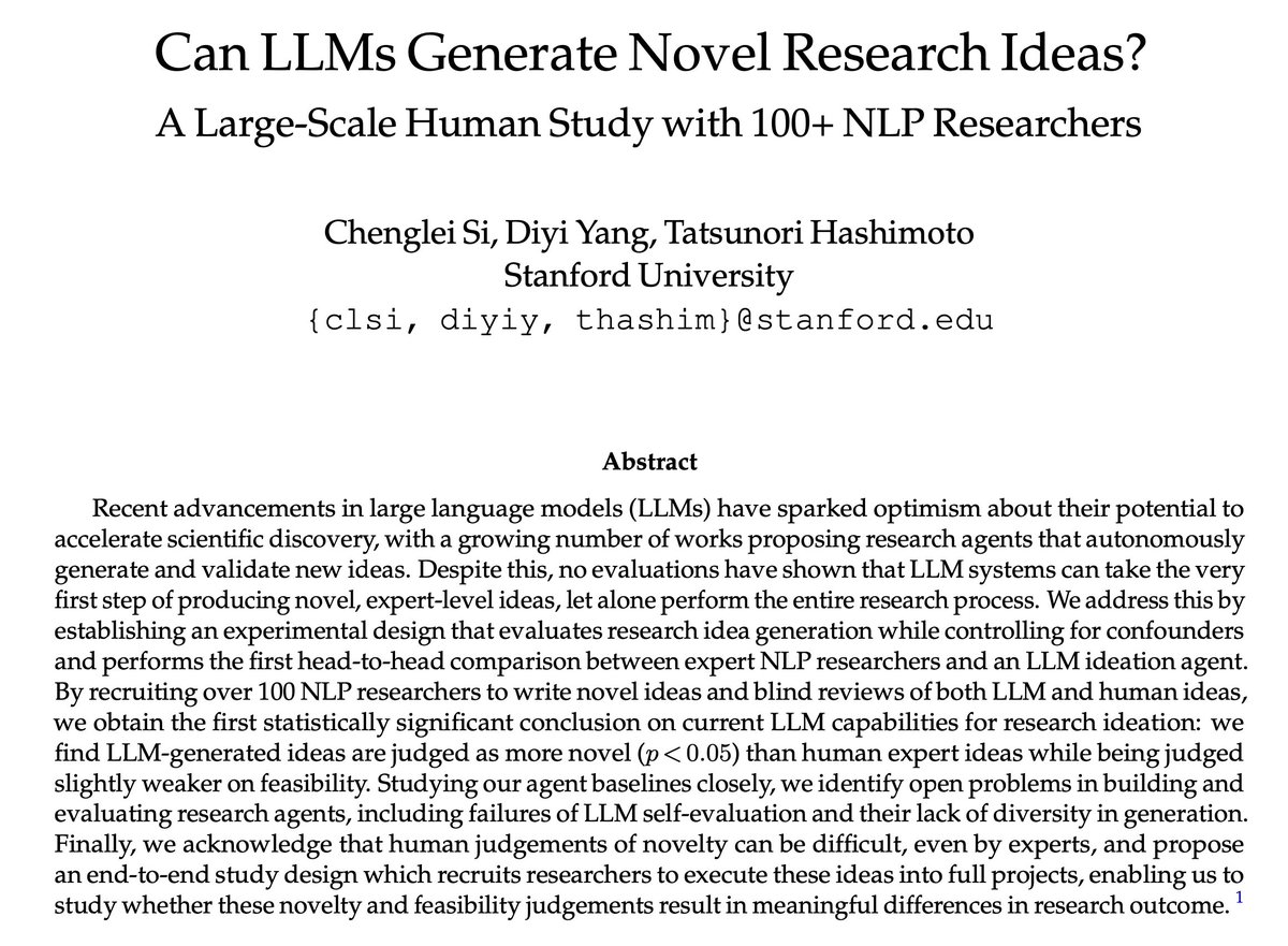 Automating AI research is exciting! But can LLMs actually produce novel, expert-level research ideas?

After a year-long study, we obtained the first statistically significant conclusion: LLM-generated ideas are more novel than ideas written by expert human researchers.