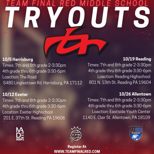 The countdown to RED OCTOBER 🔴 has officially begun‼️ 🚨Team Final Red Middle School tryouts are here 🚨 the whole month of October so you have 4 chances to make the premier AAU program in Eastern and Central PA. Up 1st the State Capital💯 Harrisburg is officially on the ⏰