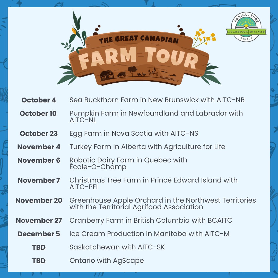Pumpkins and turkeys and sea buckthorn, oh my! 🎃🦃  

The Great Canadian Farm Tour Season 4 kicks off on October 4 and runs through December. Kindergarten to Grade 6 educators, join us on these engaging and educational tours across Canada as we learn more about our agriculture