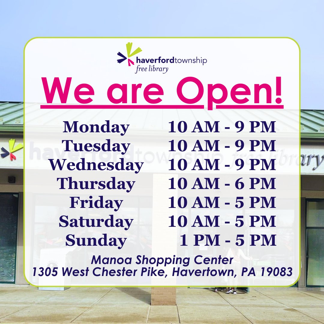 🎉HTFL is returning to our regular 7-day schedule starting this month! We are open on Sundays from 1 PM - 5 PM for an extra day of library fun so come visit the library at the Manoa Shopping Center any day of the week. 📚#htfl #myhtfl #havertownpa #delcolibraries #libraryfun