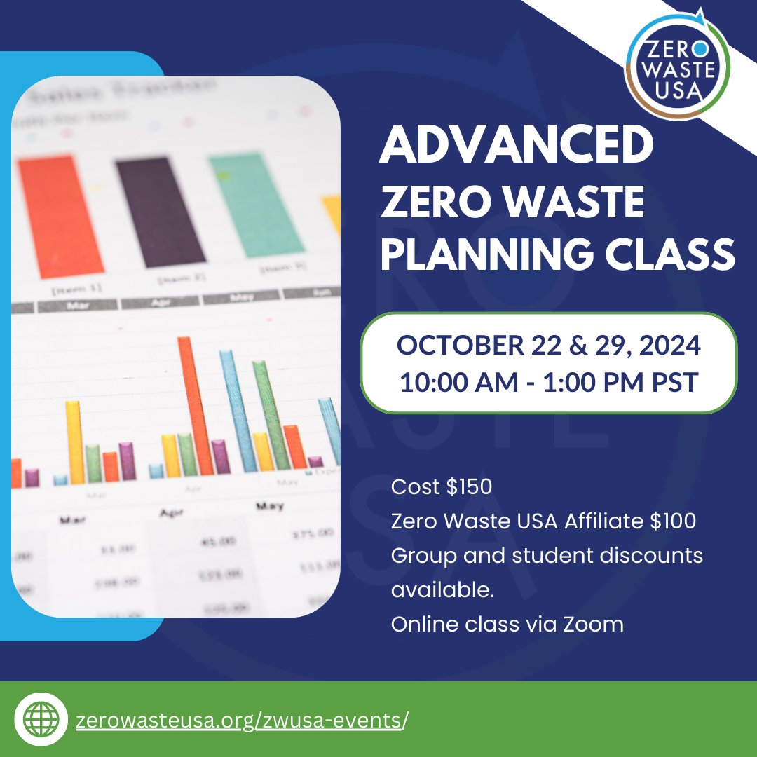 Join the Advanced #ZeroWaste Planning Class is a two-part Zoom class that meets on October 22nd and 29th. Each class is three hours long.
The Introduction to Zero Waste class or the Zero Waste Associates Course is a prerequisite. 

Register Here: l8r.it/CarI