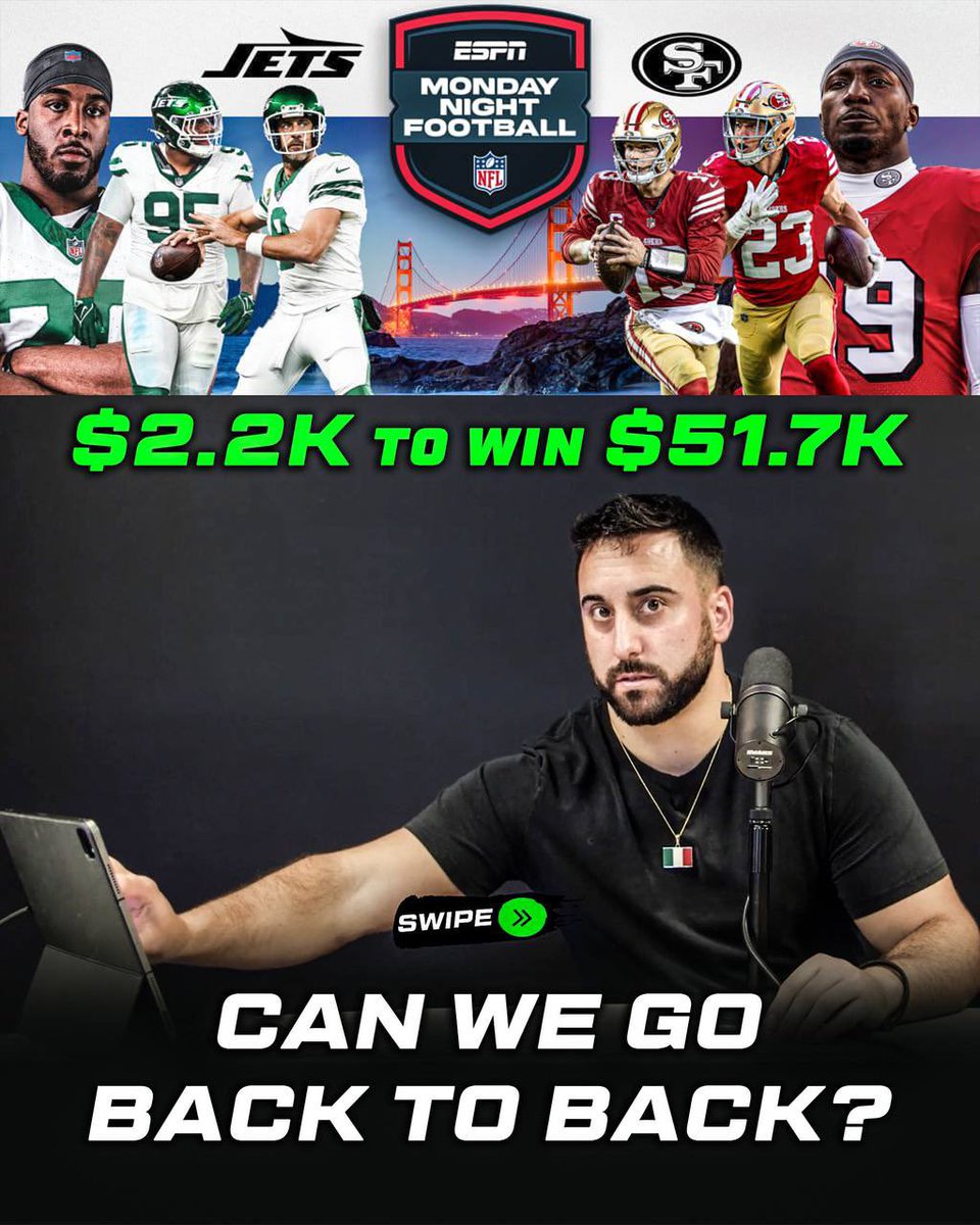 MattyBetss's tweet photo. $2.2k to win $52k #MNF Parlay 💰🤑

$1k (in total giveaways) to 10 people that like ❤️ this post and RETWEET

*Must be FOLLOWING ‼️ https://t.co/VILjwaxuHj