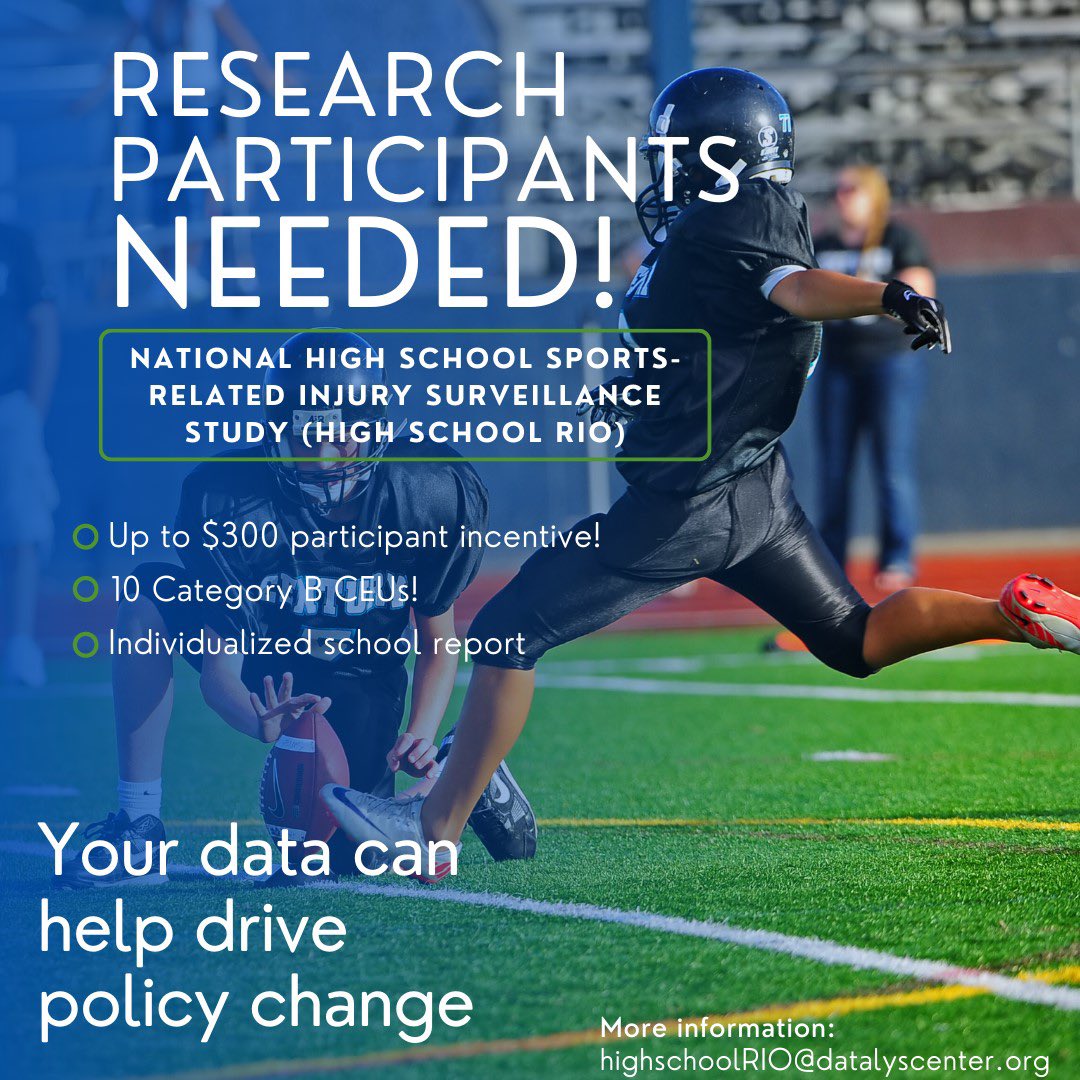 Landon Lempke (@lblempke) on Twitter photo Are you a high school AT (or know one)? Please share this opportunity from <a href="/DatalysCenter/">Datalys Center</a> and High School RIO! Participating earns FREE CEUs, a FREE way to track injury trends at your schools & sports, AND you get paid! Contact them at the email below for more information. Are you a high school AT (or know one)? Please share this opportunity from <a href="/DatalysCenter/">Datalys Center</a> and High School RIO! Participating earns FREE CEUs, a FREE way to track injury trends at your schools & sports, AND you get paid! Contact them at the email below for more information.