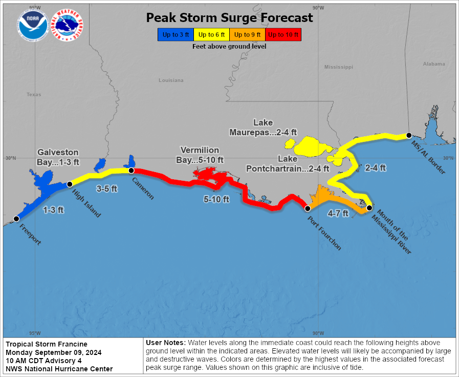 Cmh176Hughes's tweet photo. #TROPICALSTORMFRANCINE
Peak #StormSurge
#Cameron, LA to #PortFourchon, LA...5-10 ft #VermilionBay...5-10 ft
#HighIsland #Cameron #LakePontchartrain #LakeMaurepas #Freeport #GalvestonBay #TropicalStorm #Hurricane #GulfofMexico #Texas #Louisiana #Francine https://t.co/d6NxQbK2sX https://t.co/s2FpVvB827