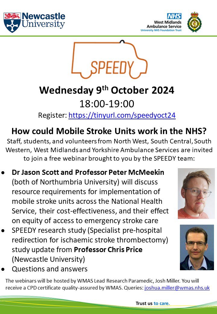 Speedy (@speedy_trial) on Twitter photo 📣 We’re excited to announce the next SPEEDY 🚑 CPD webinar is on the 9th October 18:00. This time we’ll be discussing the role of Mobile Stroke Units as well as updating about SPEEDY. All welcome! Thank you <a href="/wmasjoshmiller/">Josh Miller</a> for hosting. Register here➡️ tinyurl.com/speedyoct24 📣 We’re excited to announce the next SPEEDY 🚑 CPD webinar is on the 9th October 18:00. This time we’ll be discussing the role of Mobile Stroke Units as well as updating about SPEEDY. All welcome! Thank you <a href="/wmasjoshmiller/">Josh Miller</a> for hosting. Register here➡️ tinyurl.com/speedyoct24