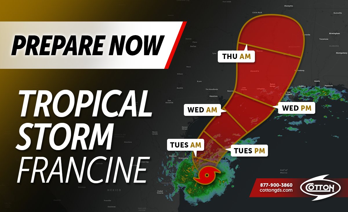#TropicalStormFrancine is heading toward LA, East TX and MS coasts. Prepare for strong winds, heavy rain and potential storm surges. Cotton GDS has teams ready to assist with storm prep and recovery. Don't wait—secure your business now. Visit hubs.la/Q02Pc-wx0 for help.