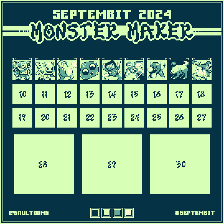 spiraled_out's tweet photo. My monsters so far for the Septembit 2024 challenge!

#septembit #pixelart https://t.co/ZUMgu5Cm6S