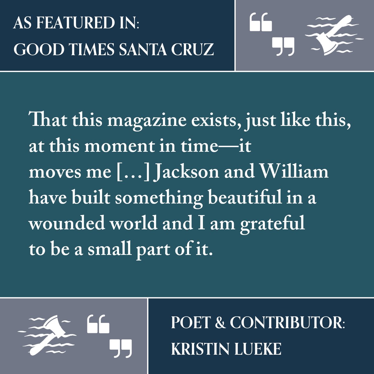 frozenseapoetry's tweet image. @addiemahmassani did a wonderful write up in @goodtimessc about Frozen Sea, including:

- what inspired co-editors @williamwbutler and @jacksondmoorman to create Frozen Sea
- a quote from contributor Kristin Lueke
- a poem from contributor @StefanieTsabar

goodtimes.sc/frozen-sea-poe…