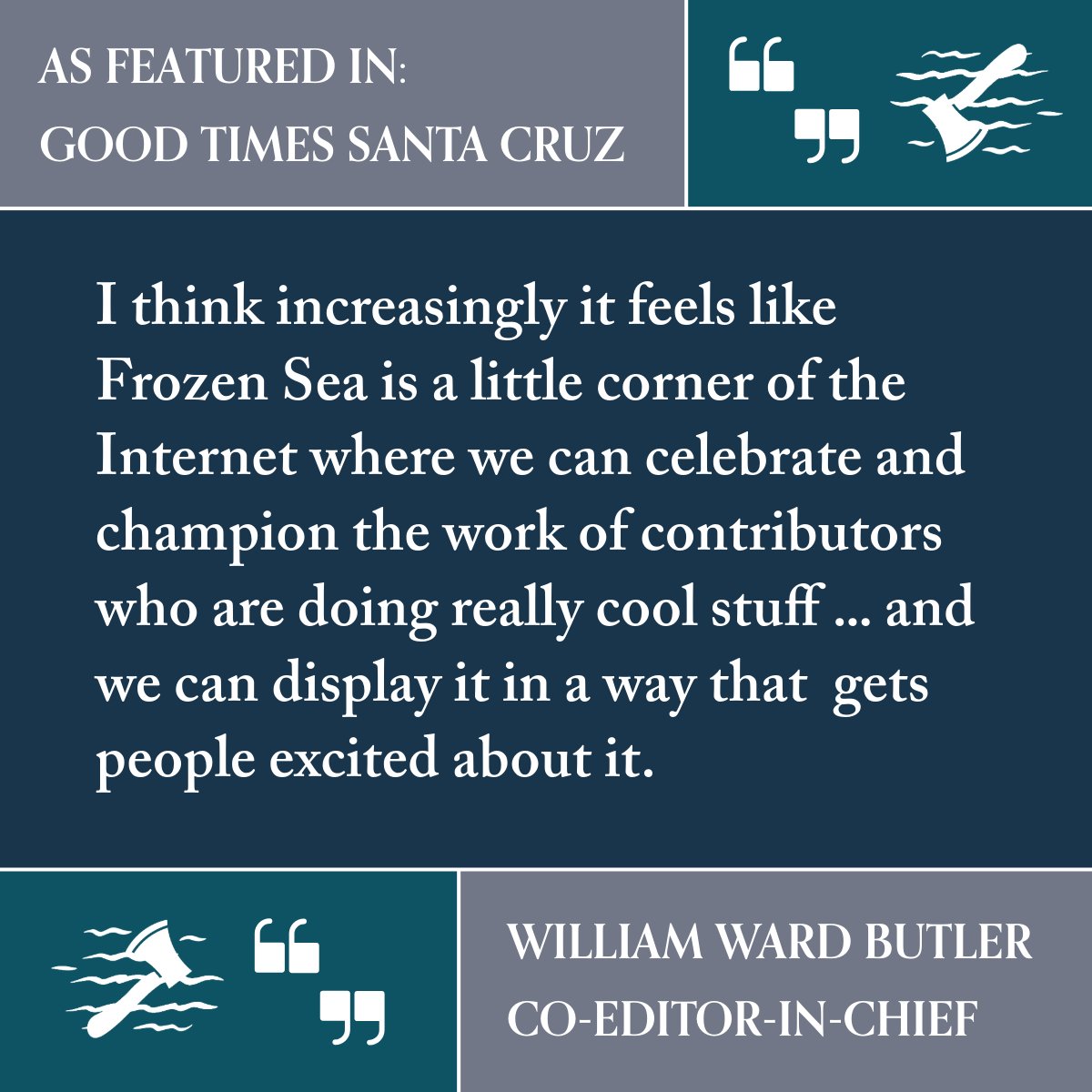 frozenseapoetry's tweet image. @addiemahmassani did a wonderful write up in @goodtimessc about Frozen Sea, including:

- what inspired co-editors @williamwbutler and @jacksondmoorman to create Frozen Sea
- a quote from contributor Kristin Lueke
- a poem from contributor @StefanieTsabar

goodtimes.sc/frozen-sea-poe…