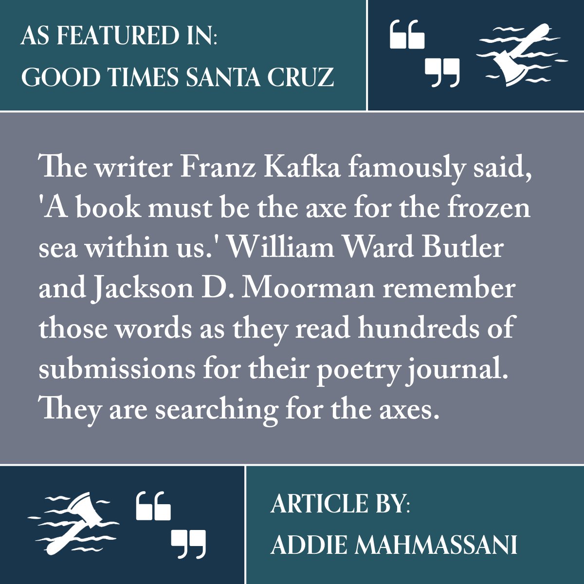frozenseapoetry's tweet image. @addiemahmassani did a wonderful write up in @goodtimessc about Frozen Sea, including:

- what inspired co-editors @williamwbutler and @jacksondmoorman to create Frozen Sea
- a quote from contributor Kristin Lueke
- a poem from contributor @StefanieTsabar

goodtimes.sc/frozen-sea-poe…
