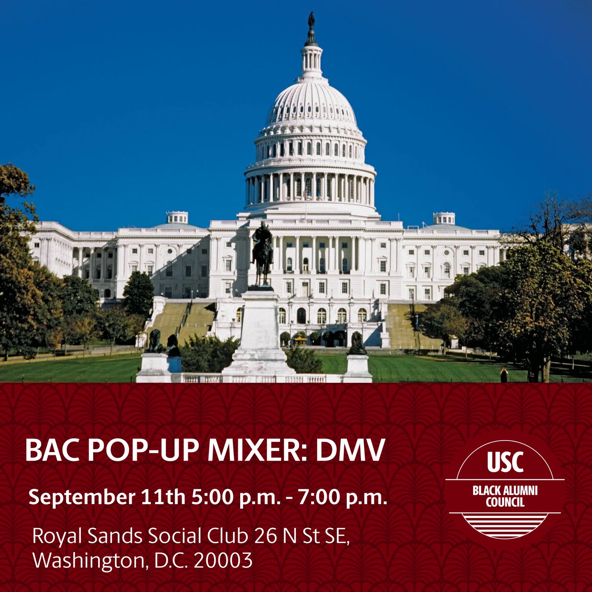 UofSCBAC's tweet image. 🚨 Location Update! 🚨
Attention, #Gamecocks! Due to unforeseen circumstances, our Black Alumni Council Pop-Up Mixer has moved to a new venue! 🏙️ Join us at Royal Sands Social Club 26 N St SE, Washington, DC 20003 on September 11th from 5-7 PM for an evening of networking 🖤❤️