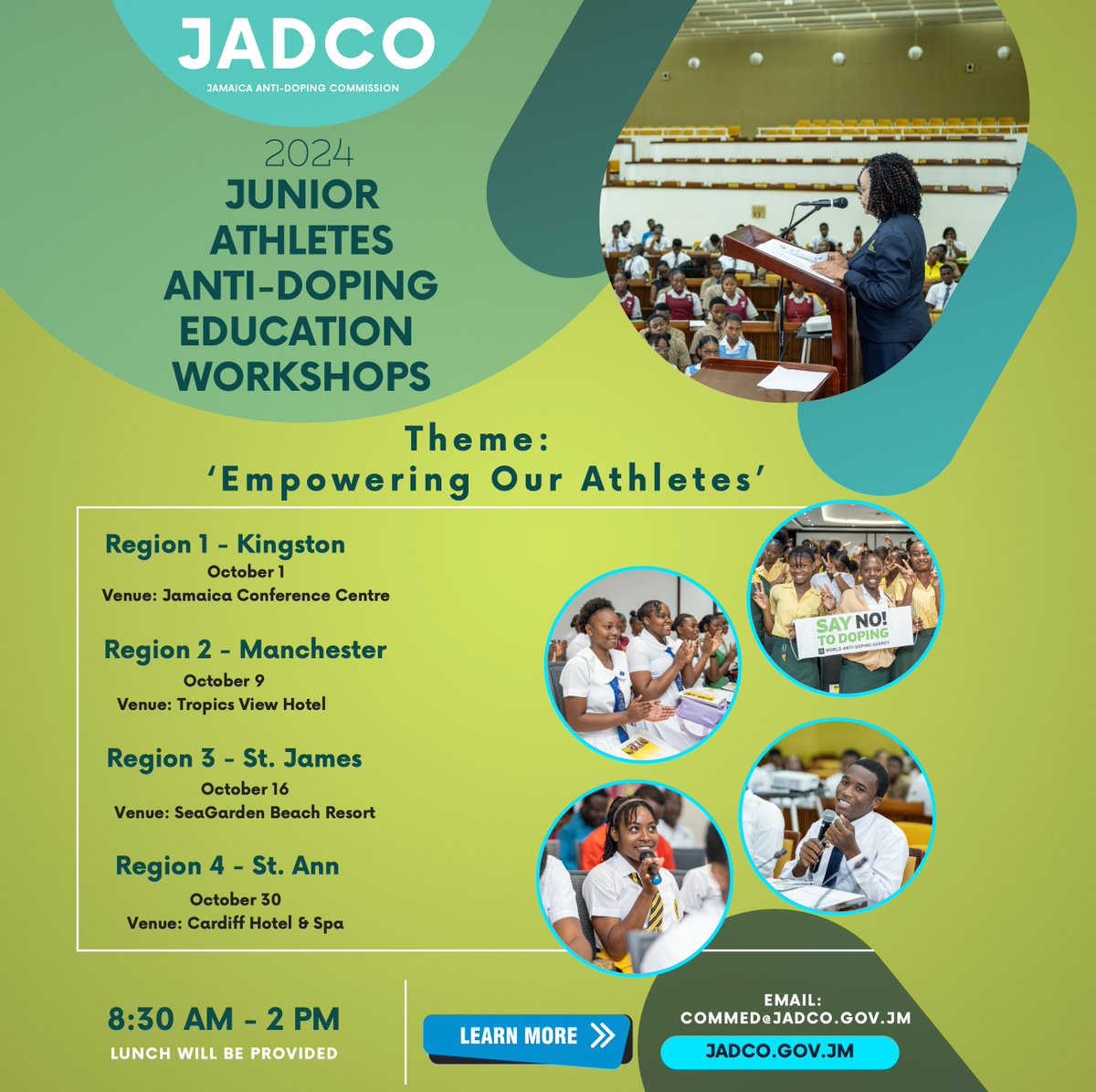 The countdown is on for the 11th Junior Athletes Anti-Doping Education Workshops! 🎉 

Starting Tuesday, October 1 at the Jamaica Conference Centre. Register early at commed@jadco.gov.jm.

And don’t miss our Jingle Competition – cash prizes and surprises await! 

#JADCO 
#JAW11